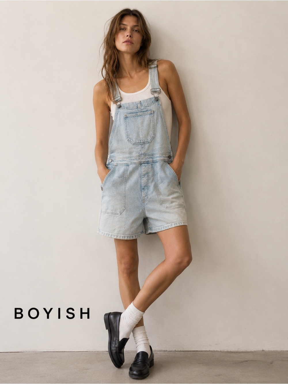 Boyish Light Wash Denim Short Overalls / Shortalls